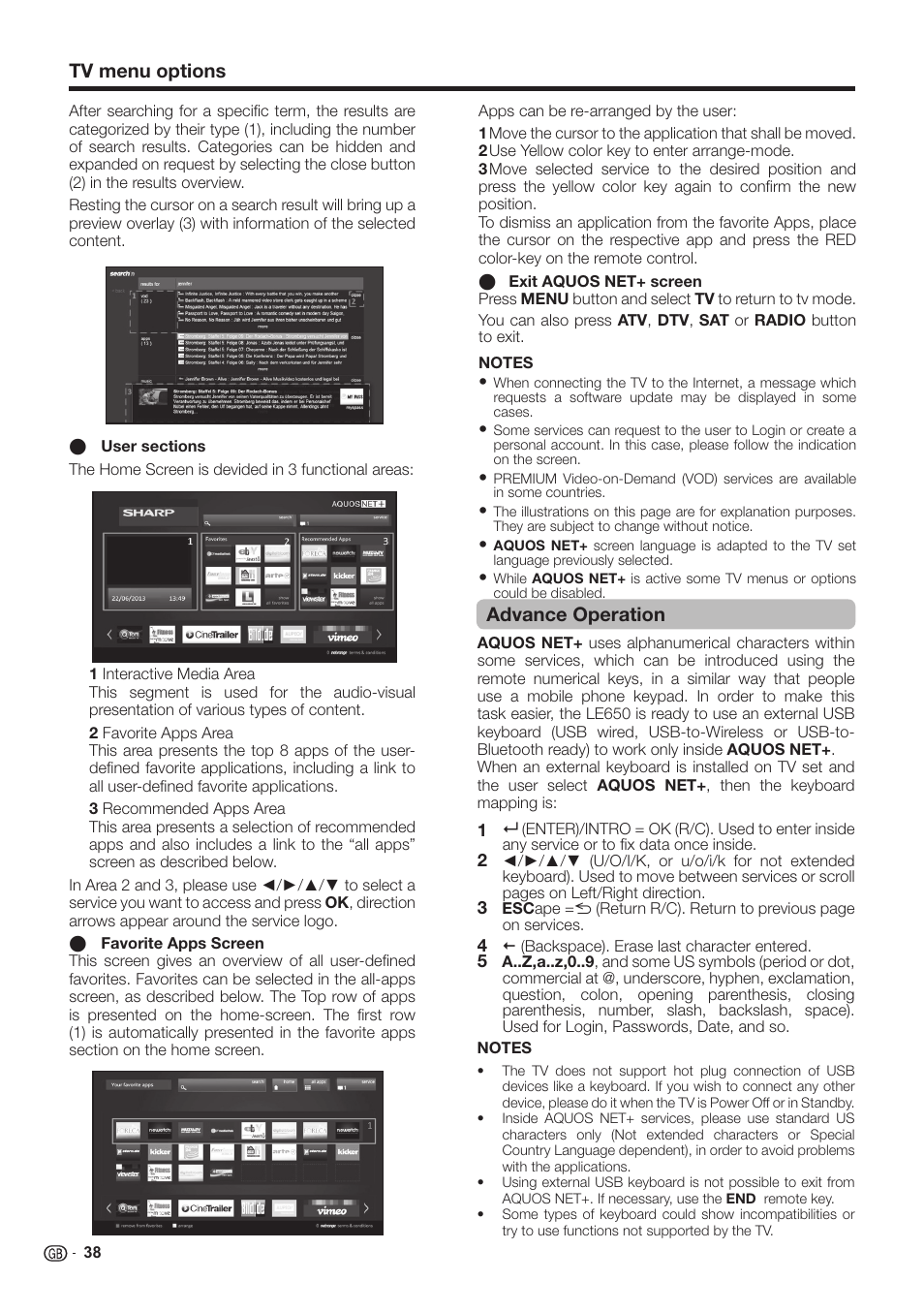 Tv menu options, Advance operation | Sharp LC-60LE651K User Manual | Page 40 / 64