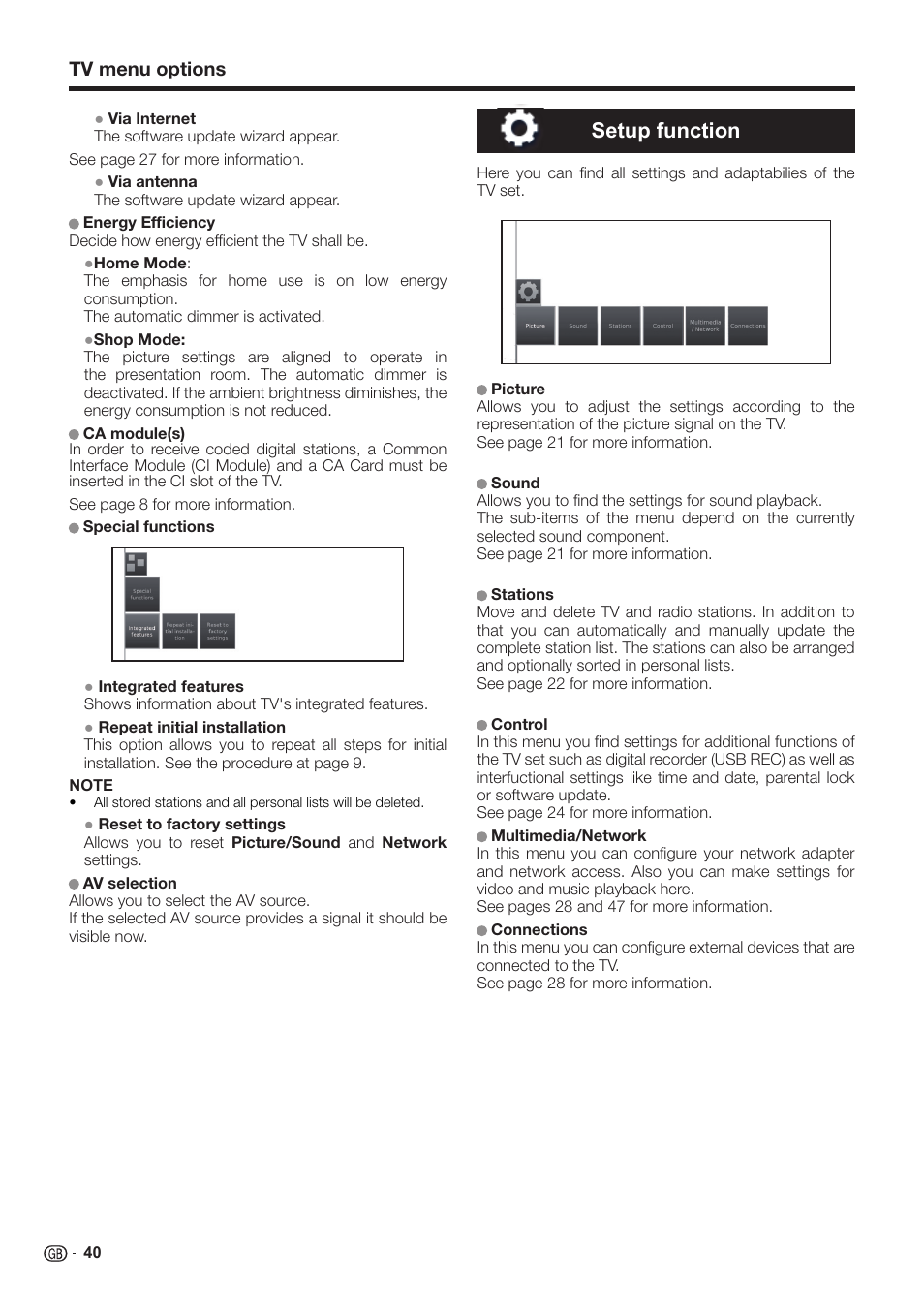 Setup function, Tv menu options | Sharp LC-60LE651K User Manual | Page 42 / 64