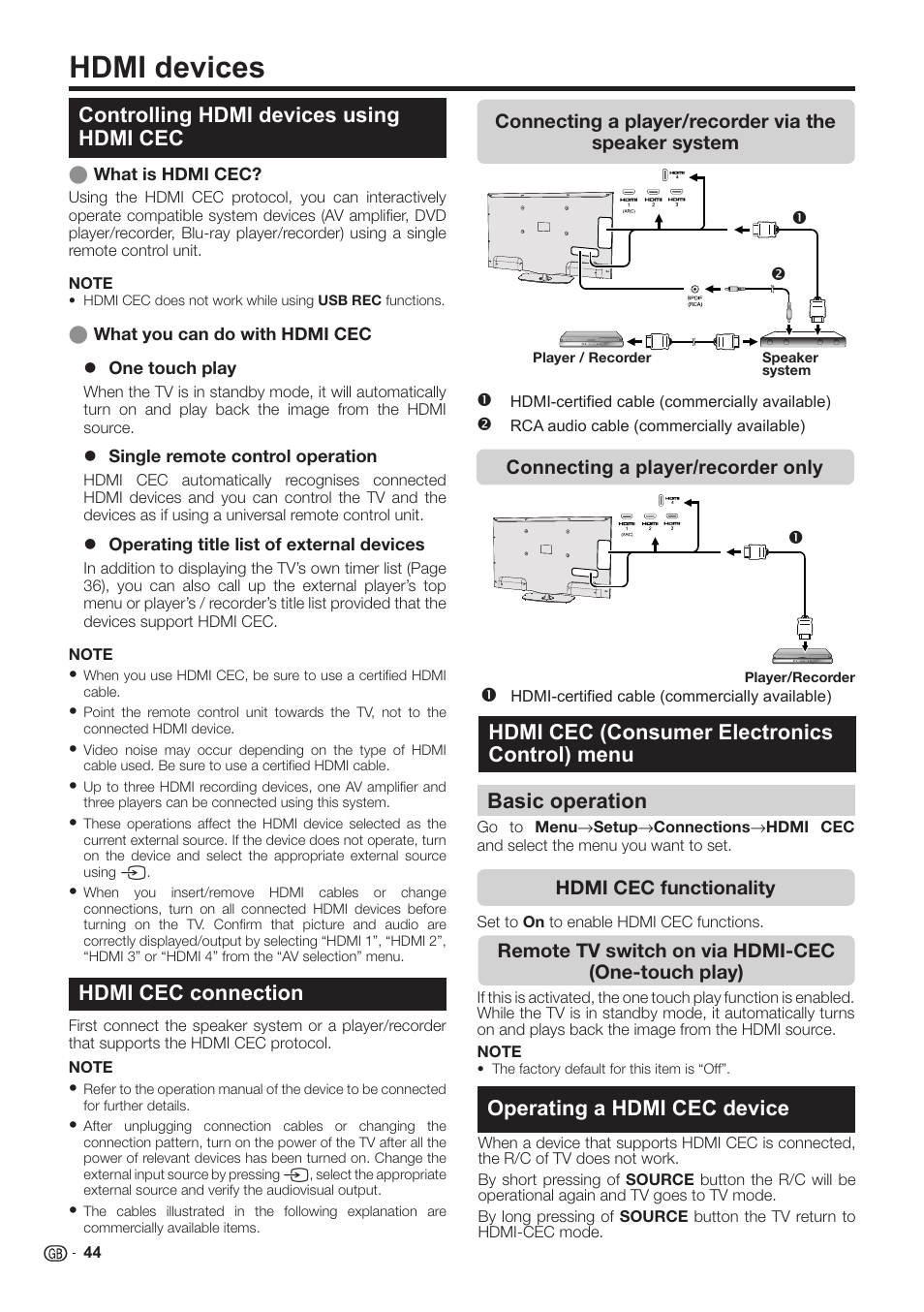 Hdmi devices, Controlling hdmi devices using hdmi cec, Hdmi cec connection | Hdmi cec (consumer electronics control) menu, Basic operation, Operating a hdmi cec device | Sharp LC-60LE651K User Manual | Page 46 / 64