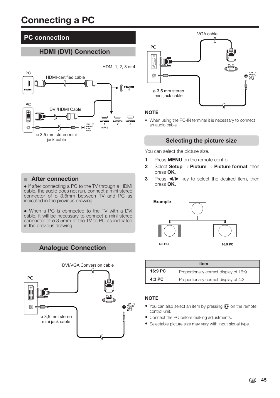 Connecting a pc, Hdmi (dvi) connection, Pc connection | Analogue connection, After connection, Selecting the picture size | Sharp LC-60LE651K User Manual | Page 47 / 64