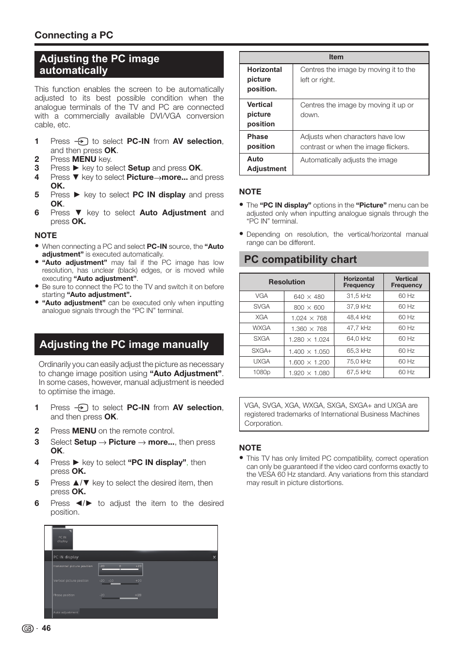 Pc compatibility chart, Connecting a pc | Sharp LC-60LE651K User Manual | Page 48 / 64