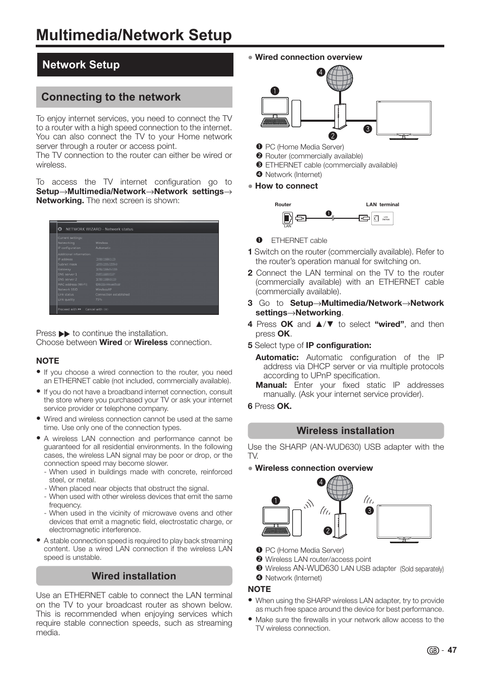 Multimedia/network setup, Network setup, Connecting to the network | Wired installation, Wireless installation | Sharp LC-60LE651K User Manual | Page 49 / 64