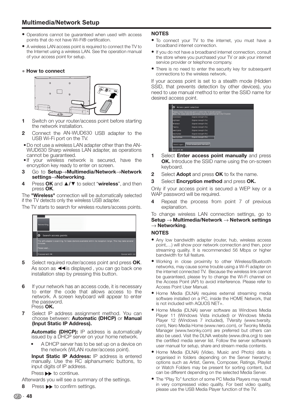 Multimedia/network setup | Sharp LC-60LE651K User Manual | Page 50 / 64