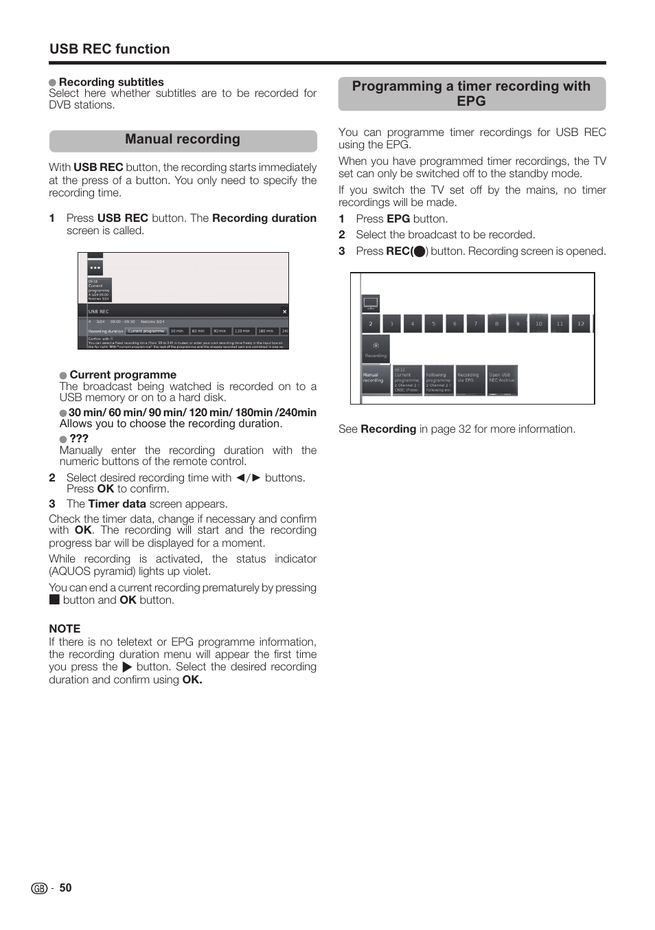 Usb rec function | Sharp LC-60LE651K User Manual | Page 52 / 64