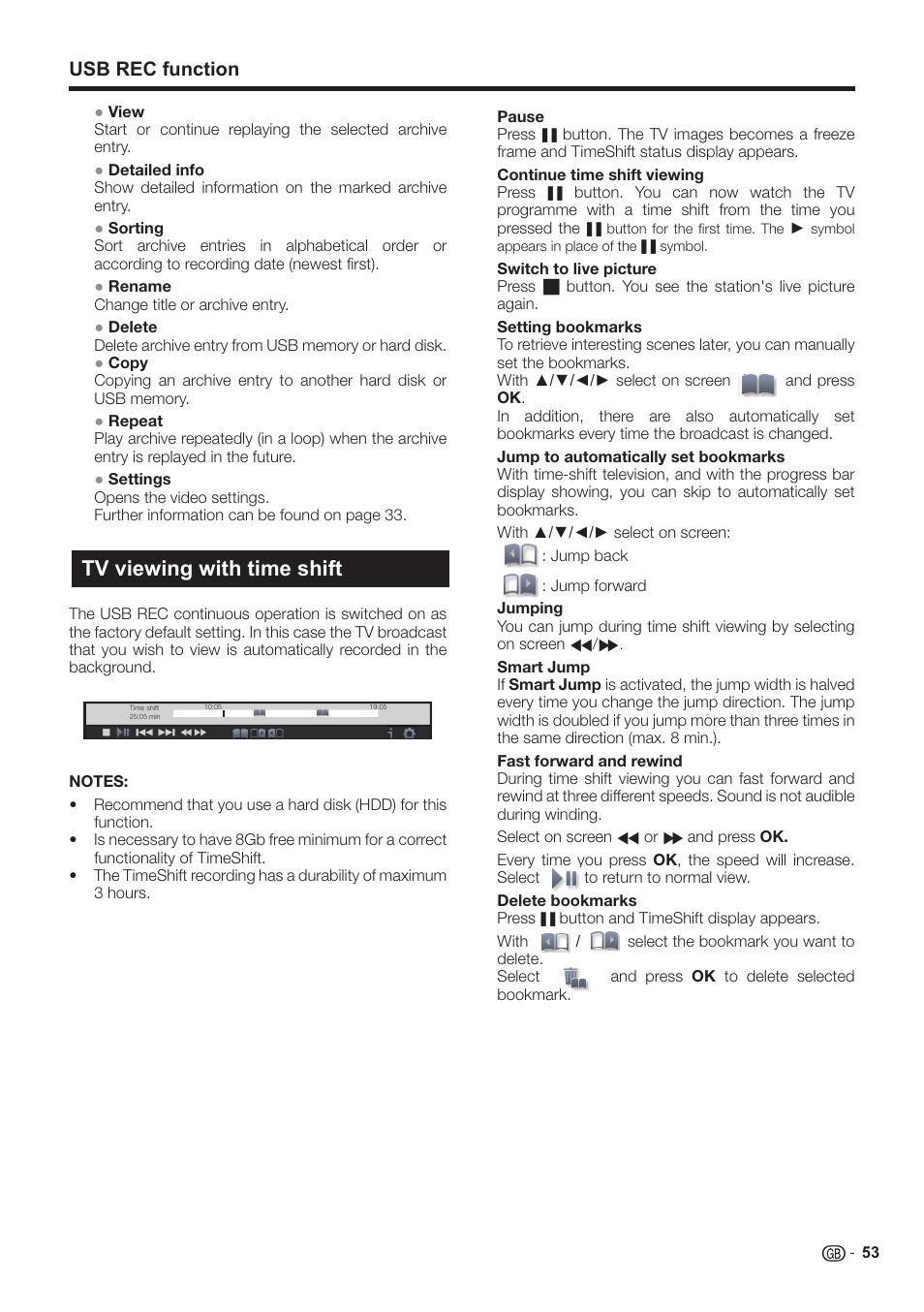 Tv viewing with time shift, Usb rec function | Sharp LC-60LE651K User Manual | Page 55 / 64