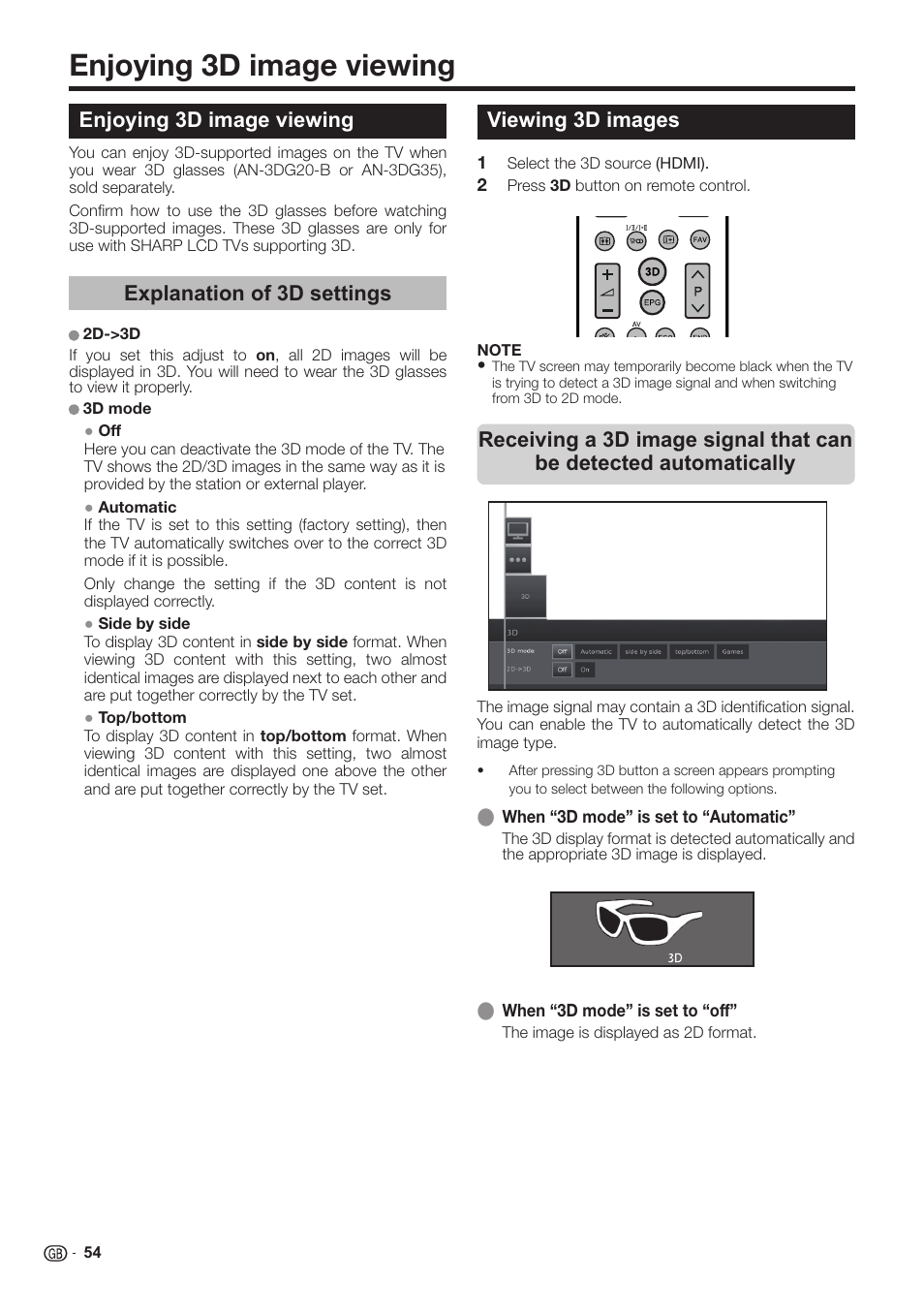 Enjoying 3d image viewing, Viewing 3d images, Explanation of 3d settings | Sharp LC-60LE651K User Manual | Page 56 / 64