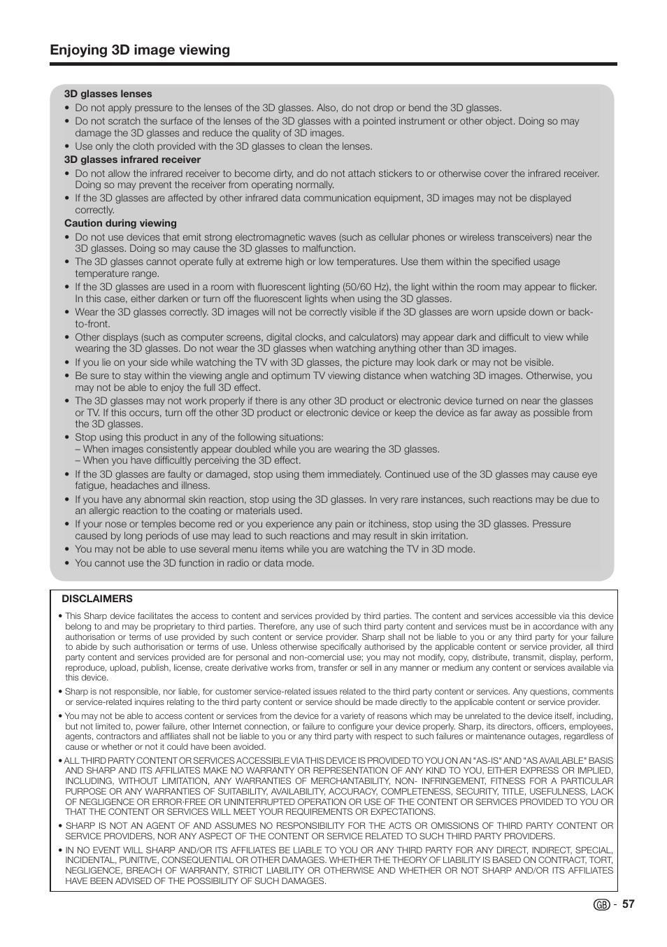 Enjoying 3d image viewing | Sharp LC-60LE651K User Manual | Page 59 / 64