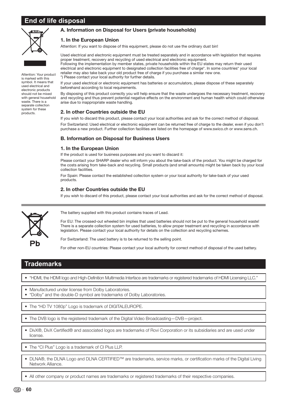 End of life disposal, Trademarks | Sharp LC-60LE651K User Manual | Page 62 / 64
