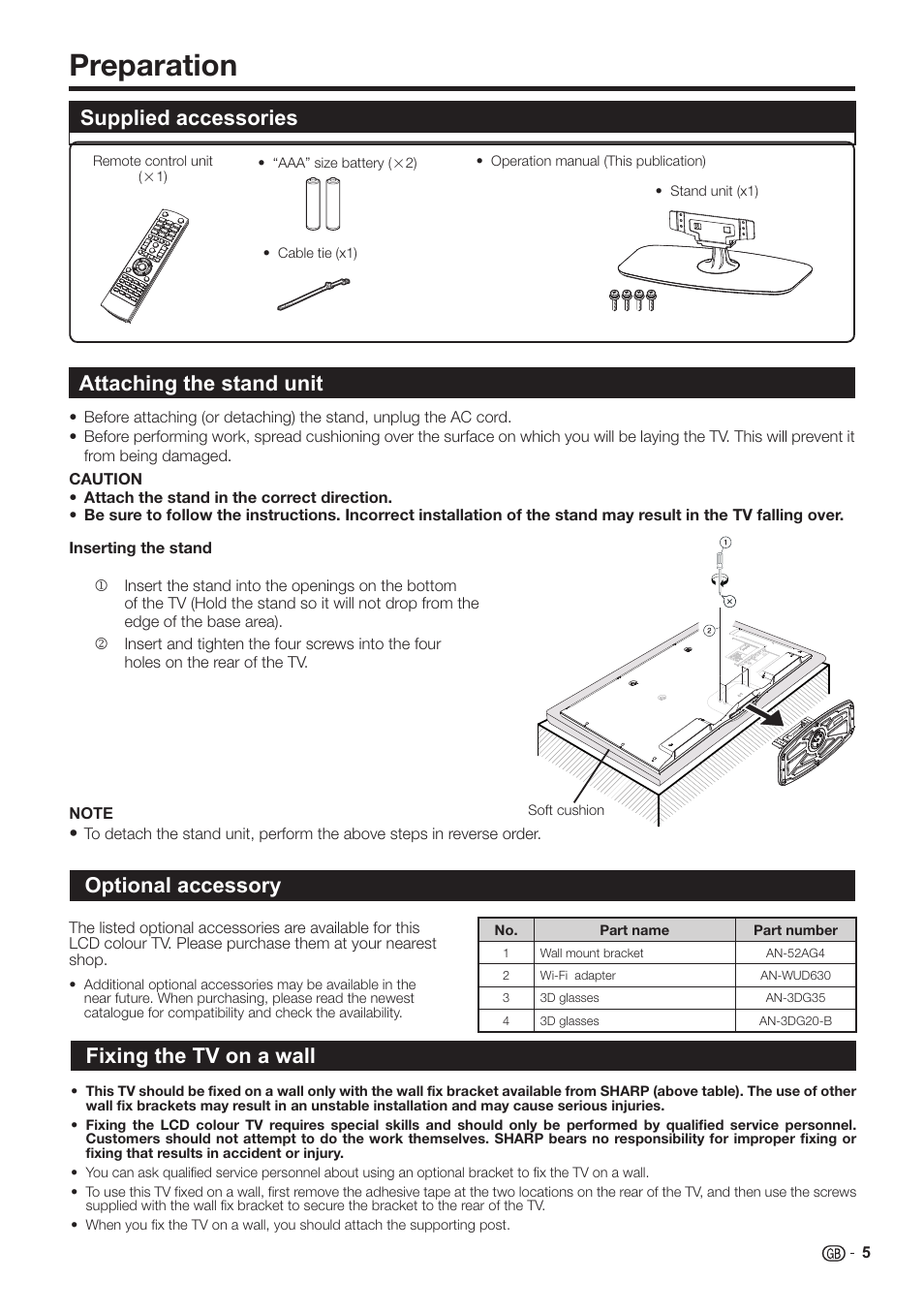 Preparation, Supplied accessories attaching the stand unit, Optional accessory | Fixing the tv on a wall | Sharp LC-60LE651K User Manual | Page 7 / 64