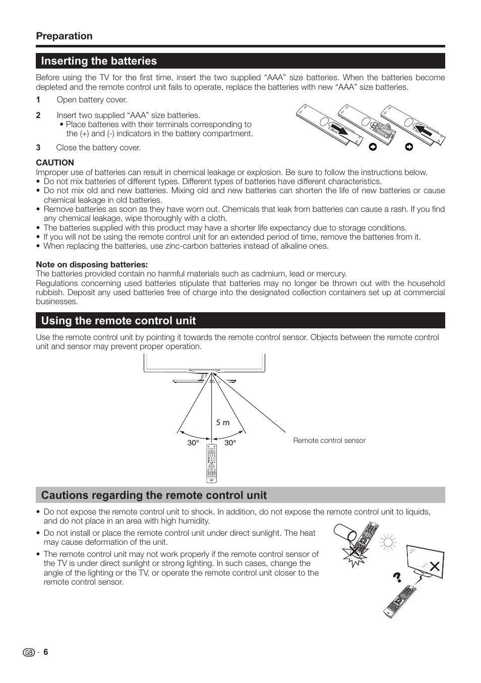 Inserting the batteries, Using the remote control unit, Cautions regarding the remote control unit | Sharp LC-60LE651K User Manual | Page 8 / 64