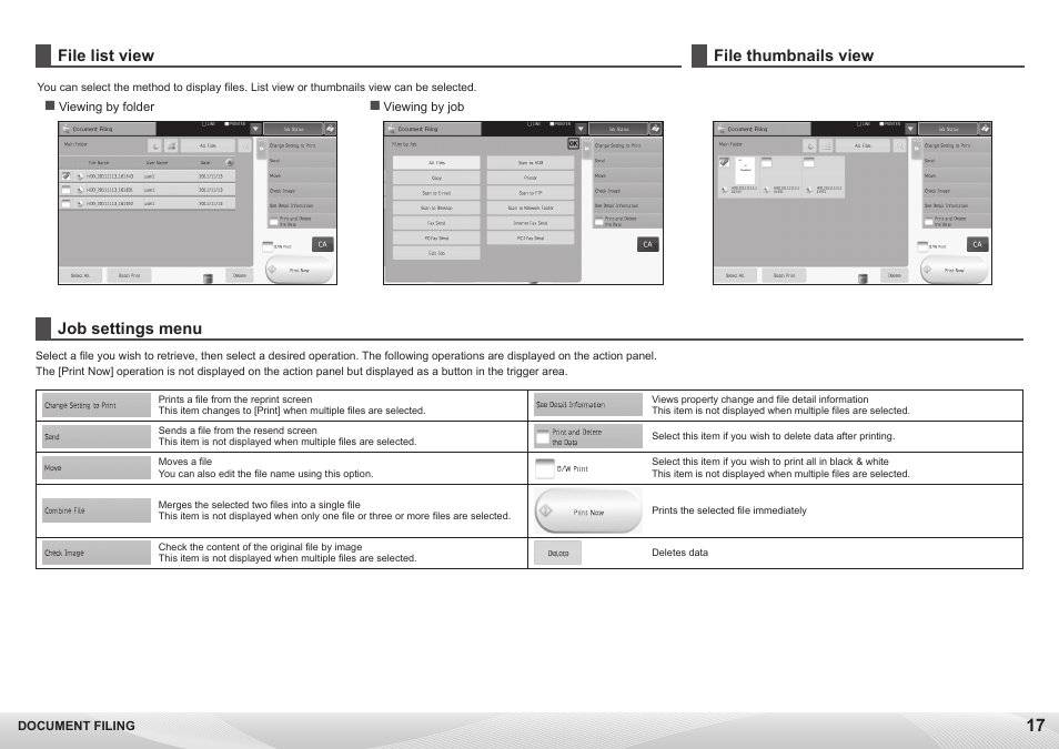 Job settings menu, File list view file thumbnails view | Sharp MX-7040N User Manual | Page 17 / 32