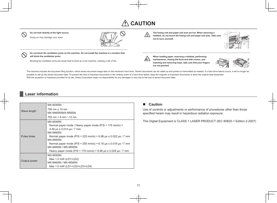 Caution, Laser information | Sharp MX-M365N User Manual | Page 11 / 28