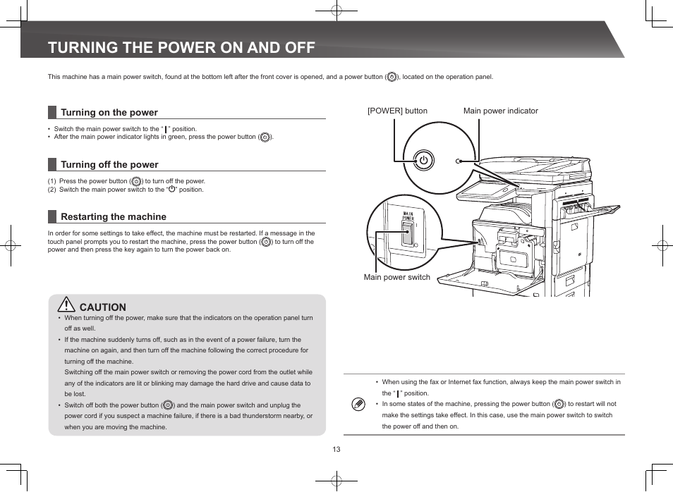 Turning the power on and off, Caution | Sharp MX-M365N User Manual | Page 13 / 28