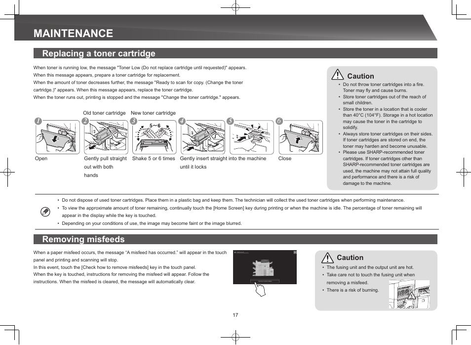 Maintenance, Replacing a toner cartridge removing misfeeds | Sharp MX-M365N User Manual | Page 17 / 28