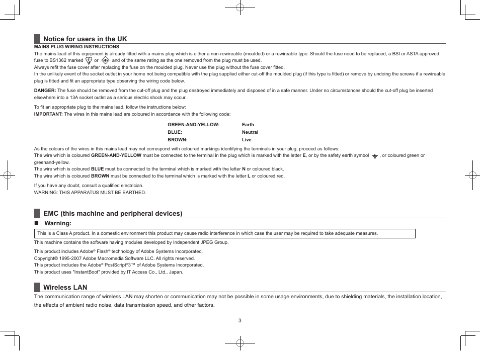 Emc (this machine and peripheral devices), Wireless lan, Notice for users in the uk | Sharp MX-M365N User Manual | Page 3 / 28