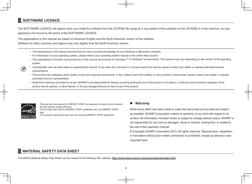 Software licence, Material safety data sheet, Warranty | Sharp MX-M365N User Manual | Page 4 / 28