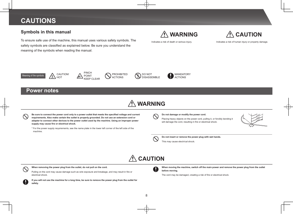 Cautions, Caution, Warning | Symbols in this manual | Sharp MX-M365N User Manual | Page 8 / 28