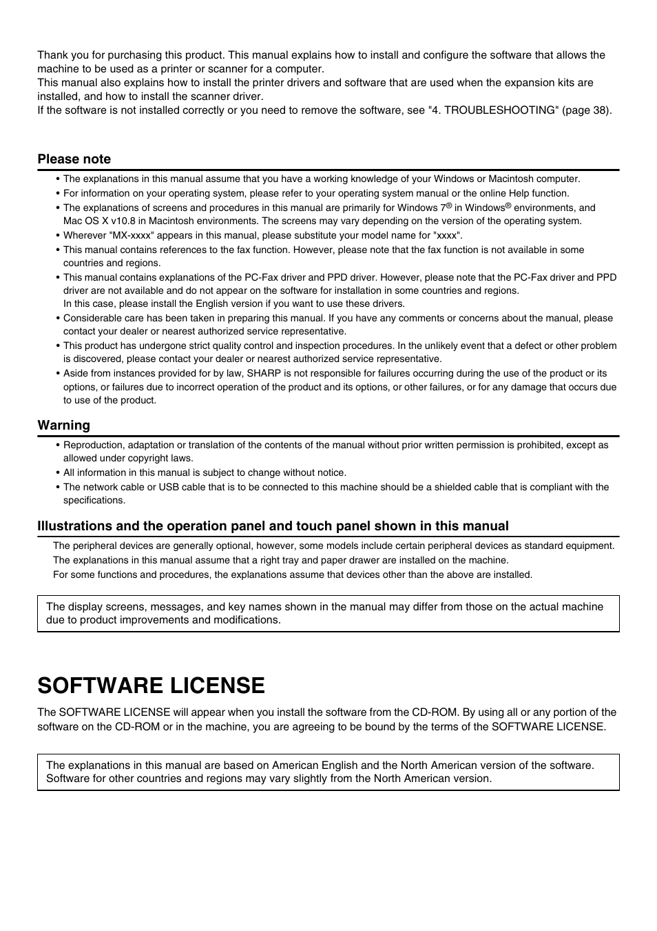 Software license, Warning | Sharp MX-C300W User Manual | Page 2 / 44