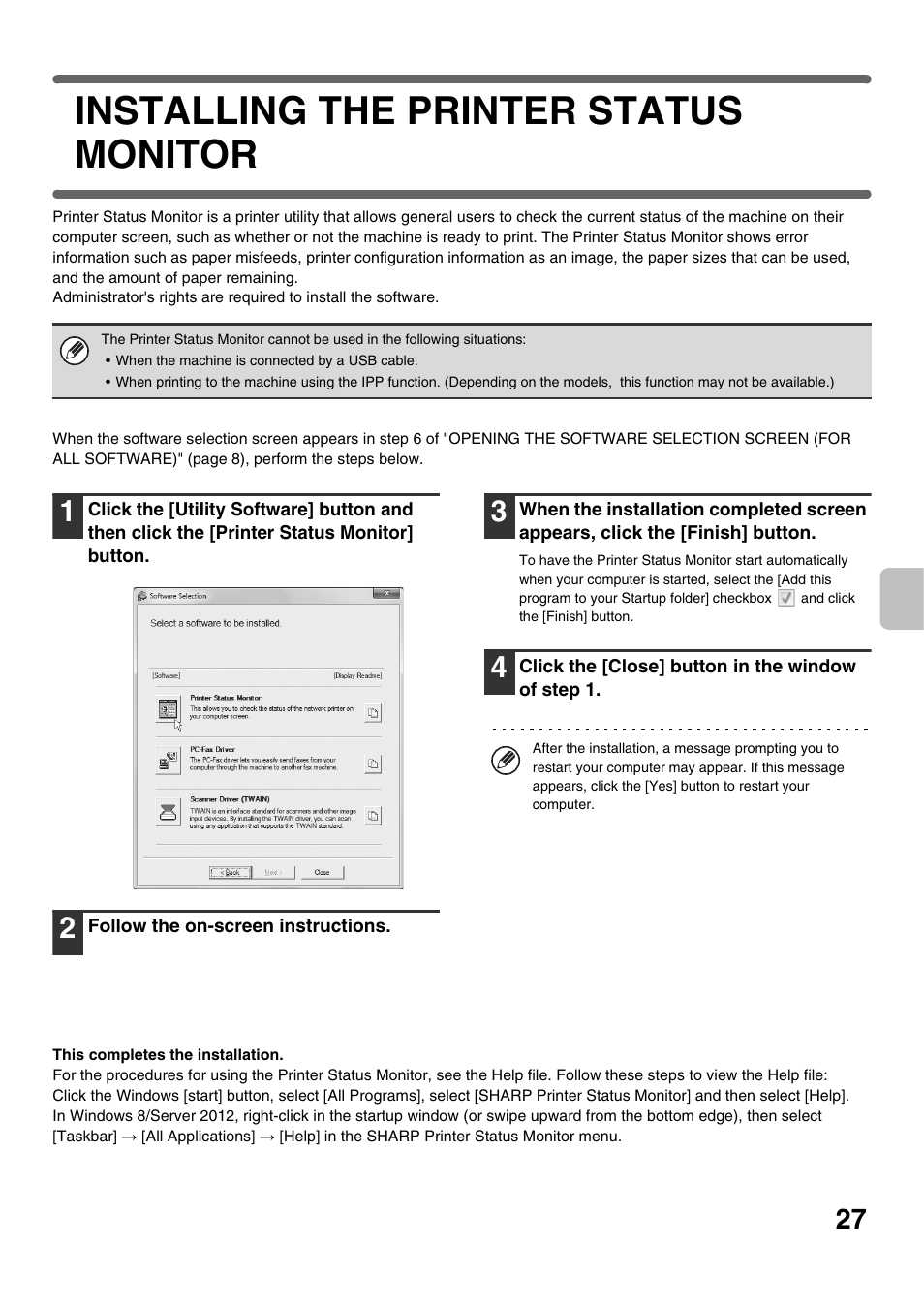 Installing the printer status monitor, Installing the printer status monitor: pa | Sharp MX-C300W User Manual | Page 29 / 44