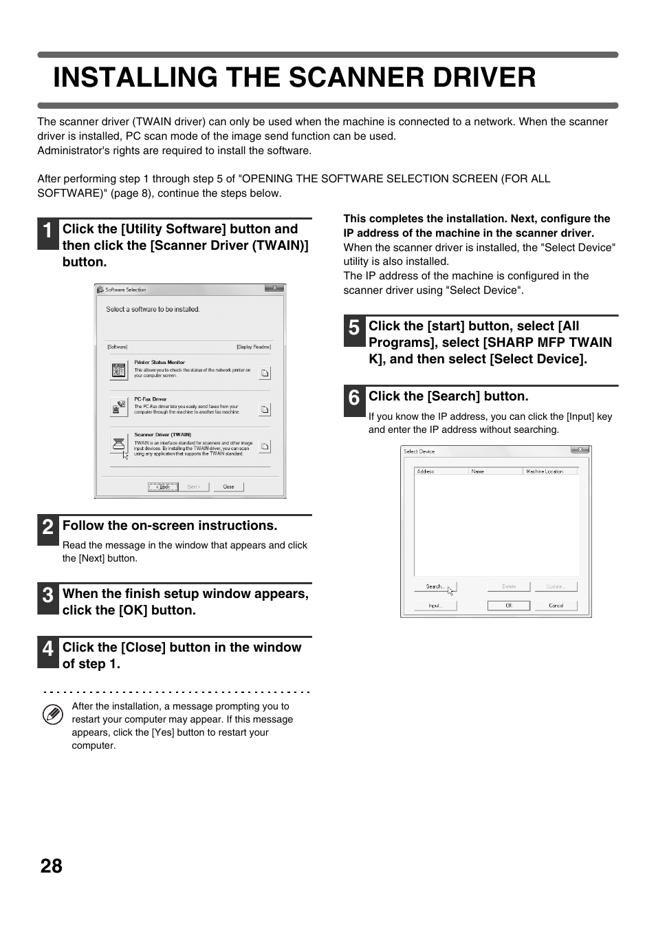 Installing the scanner driver | Sharp MX-C300W User Manual | Page 30 / 44