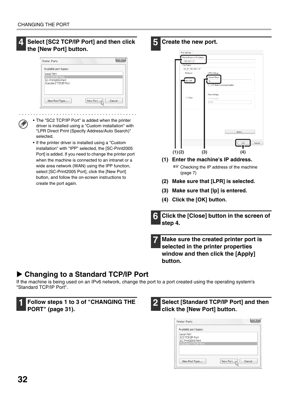 D in "changing to a standard tcp/ip port" (p, Changing to a standard tcp/ip port, E 32) | X changing to a standard tcp/ip port | Sharp MX-C300W User Manual | Page 34 / 44