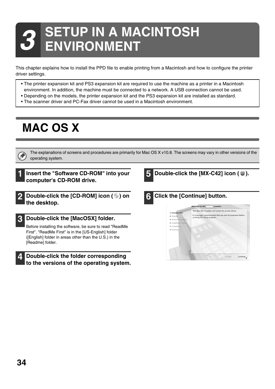 Setup in a macintosh environment, Mac os x, E 34 | Sharp MX-C300W User Manual | Page 36 / 44