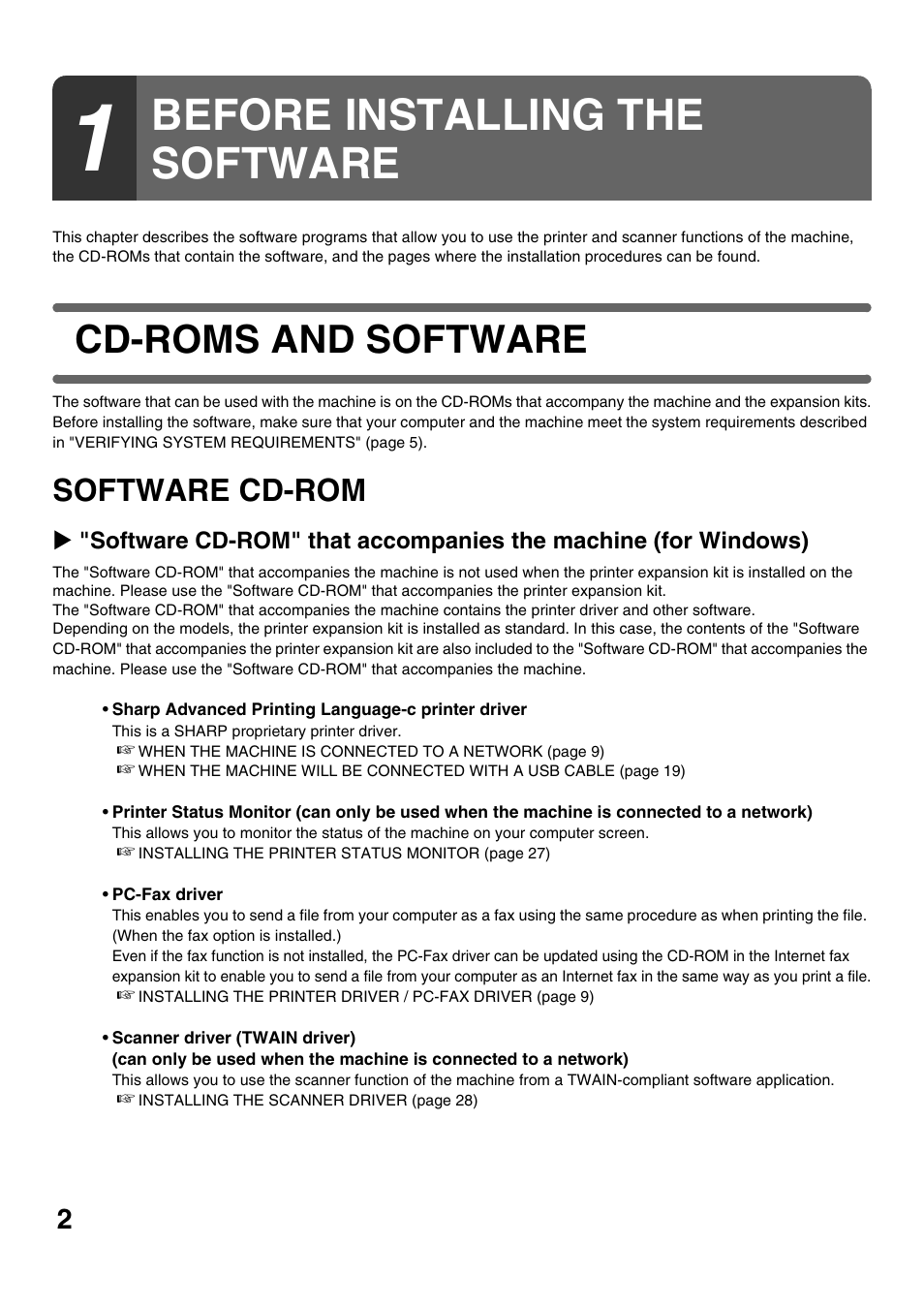 Before installing the software, Cd-roms and software, Software cd-rom | Sharp MX-C300W User Manual | Page 4 / 44