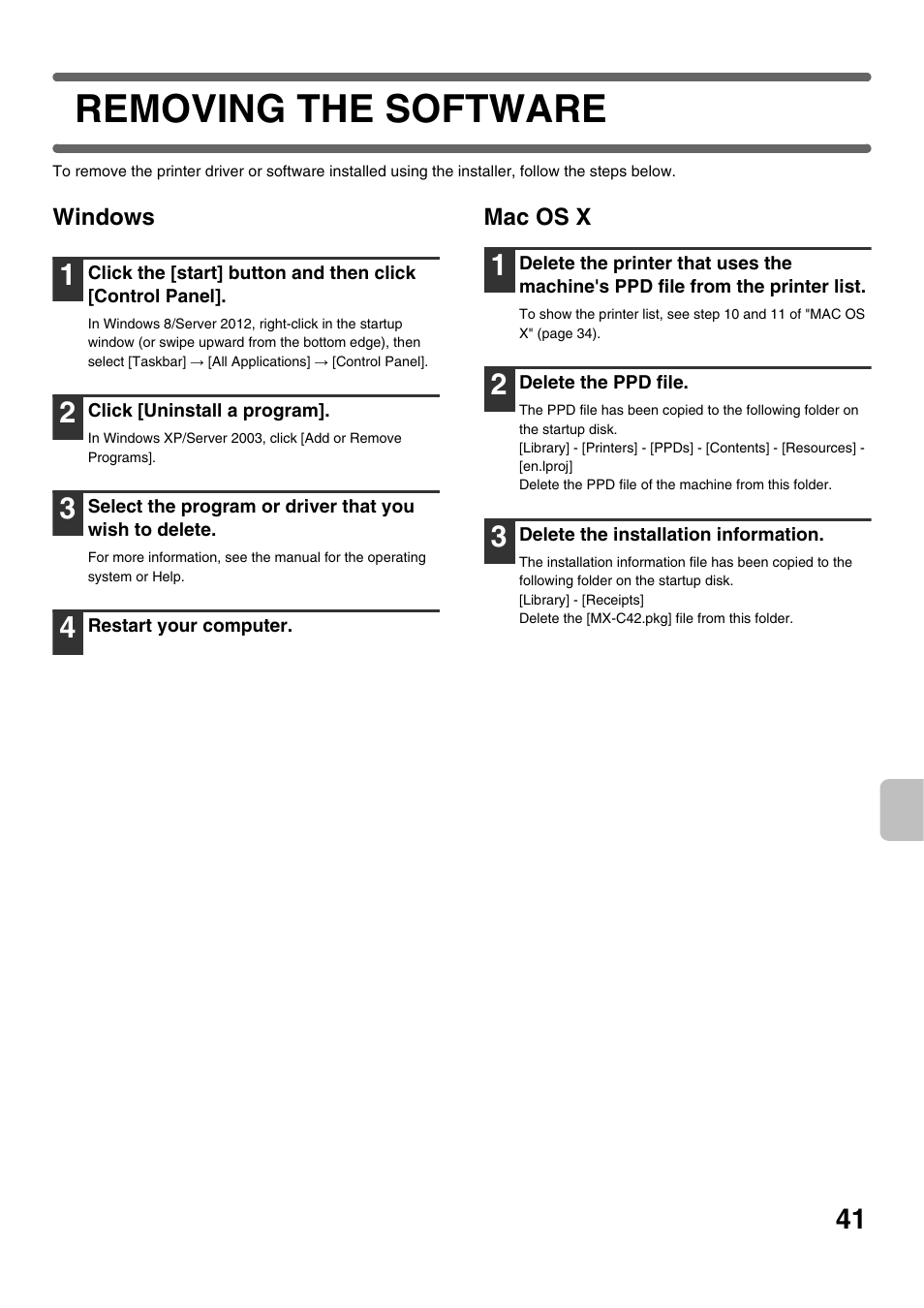 Removing the software | Sharp MX-C300W User Manual | Page 43 / 44