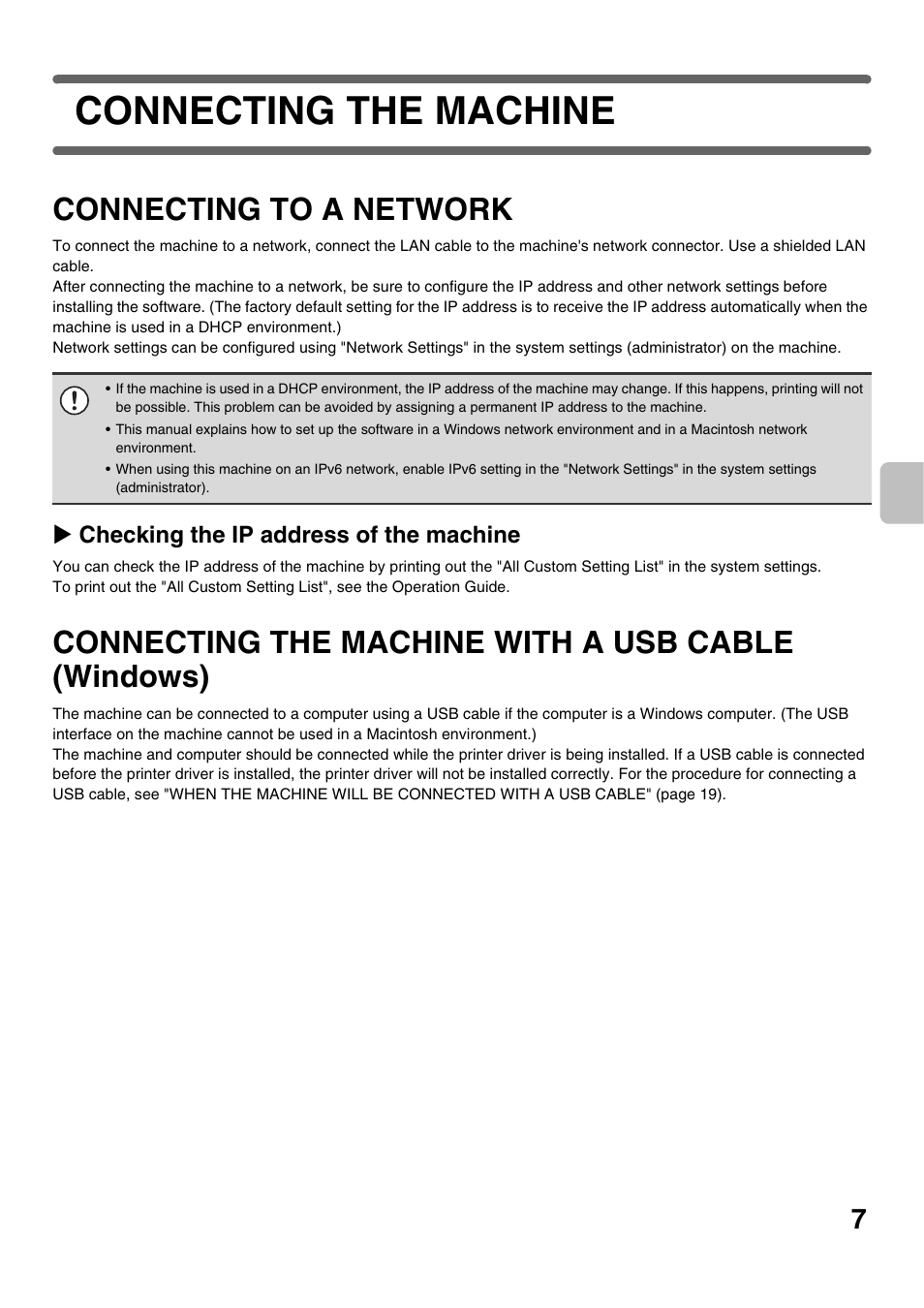 Connecting the machine, Connecting to a network, Connecting the machine with a usb | Cable (windows), Connecting the machine with a usb cable (windows), X checking the ip address of the machine | Sharp MX-C300W User Manual | Page 9 / 44