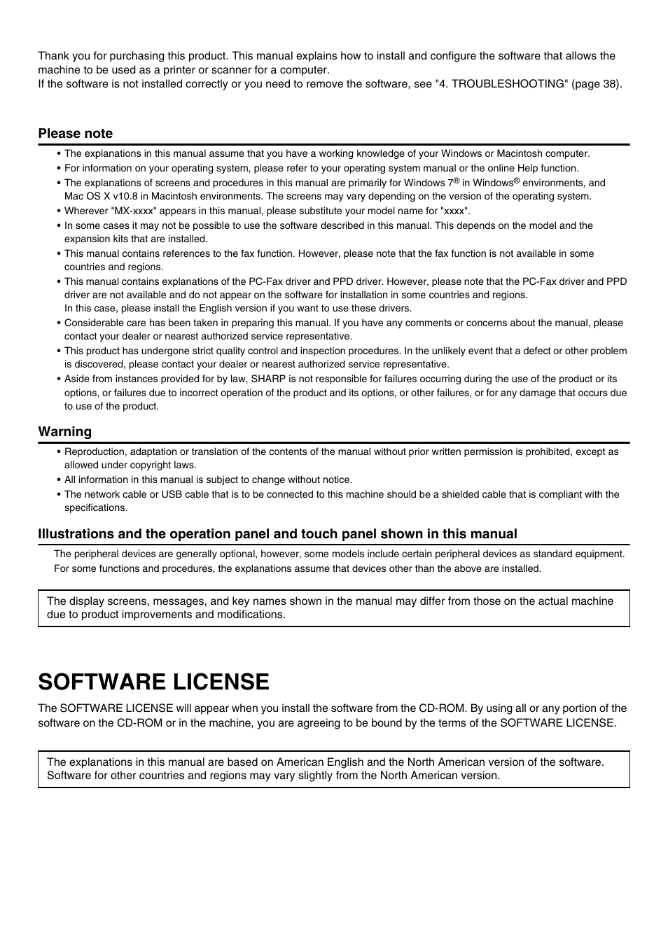 Software license, Warning | Sharp MX-C301W User Manual | Page 2 / 44