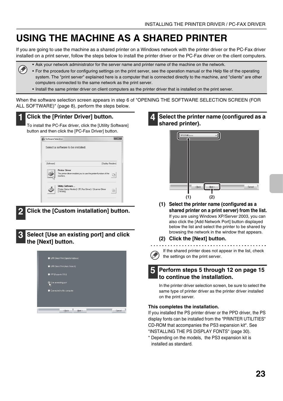 Using the machine as a shared, Printer, E 23 | Using the machine as a shared printer, E 23) | Sharp MX-C301W User Manual | Page 25 / 44