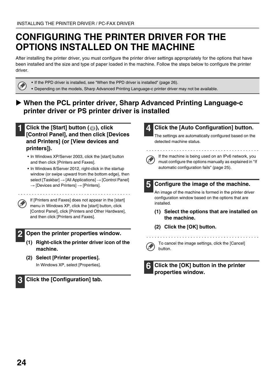 Configuring the printer driver for, The options installed on the machine, Configuring the printer | Driver for the options installed on the machine, Ge 24, Fter installation, see "configuring the printer, R driver, see "configuring | Sharp MX-C301W User Manual | Page 26 / 44