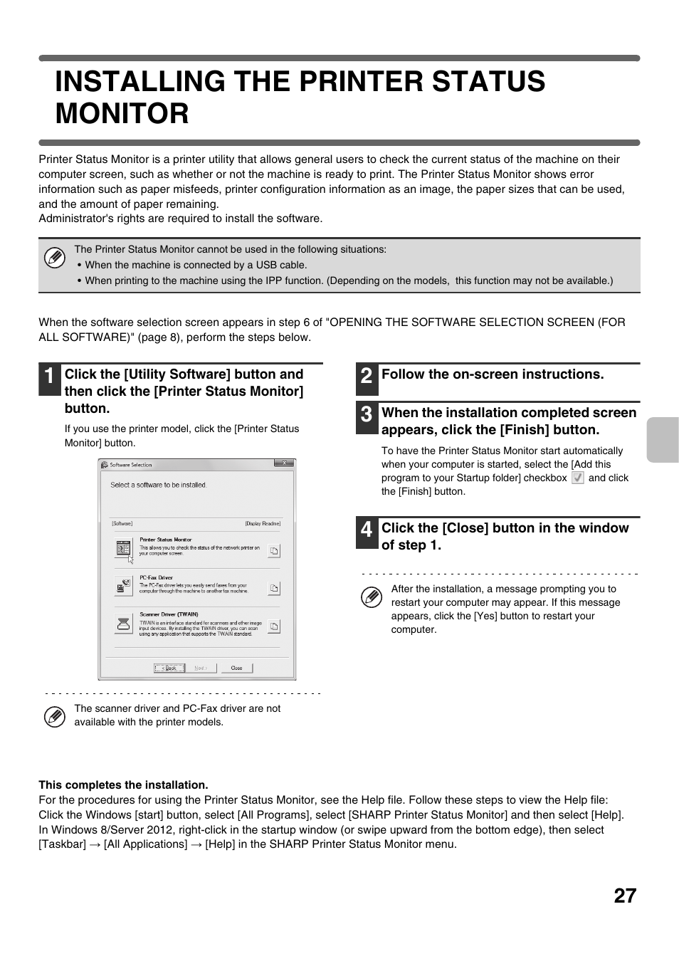 Installing the printer status monitor, Installing the printer status monitor: pa | Sharp MX-C301W User Manual | Page 29 / 44