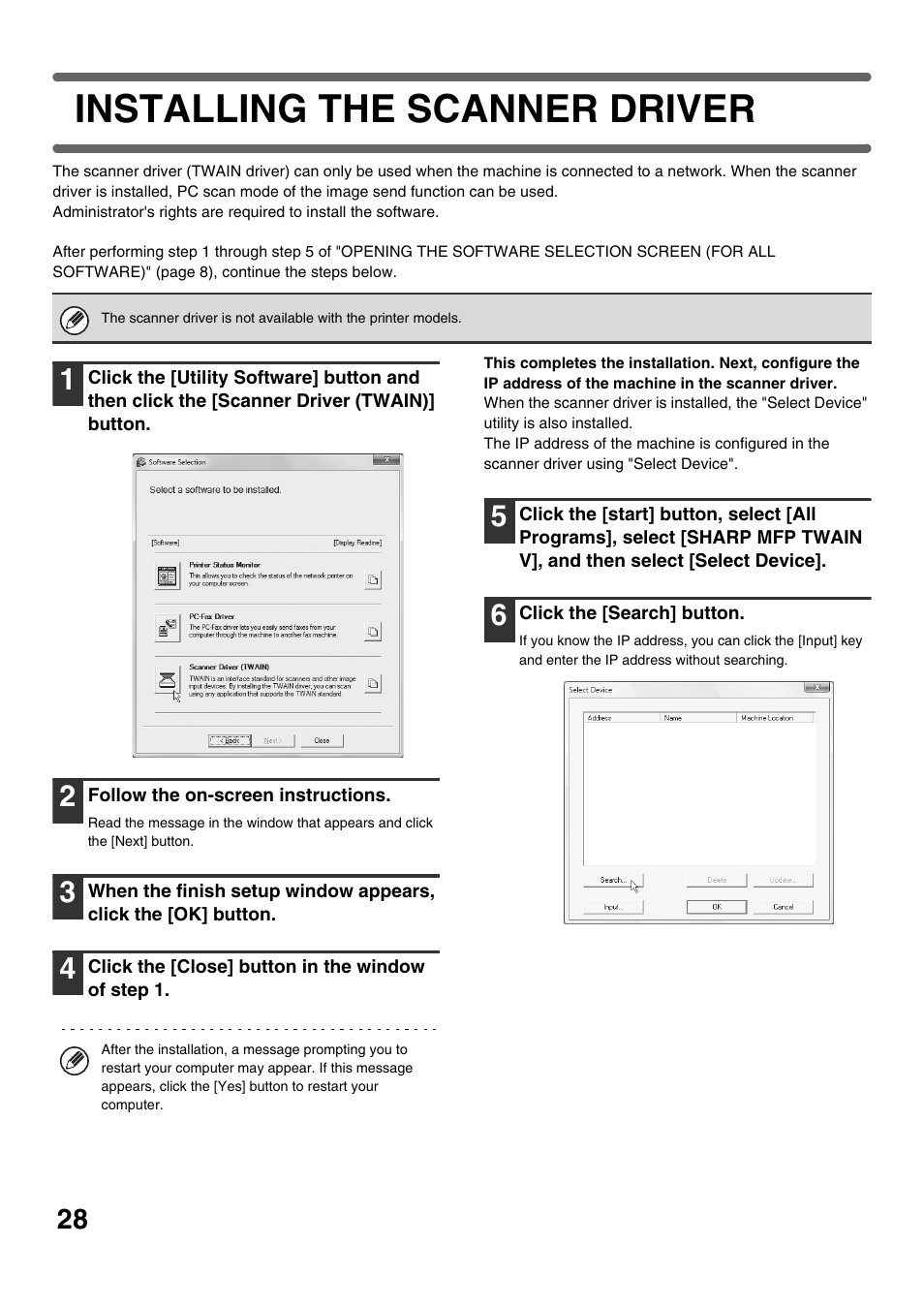 Installing the scanner driver | Sharp MX-C301W User Manual | Page 30 / 44