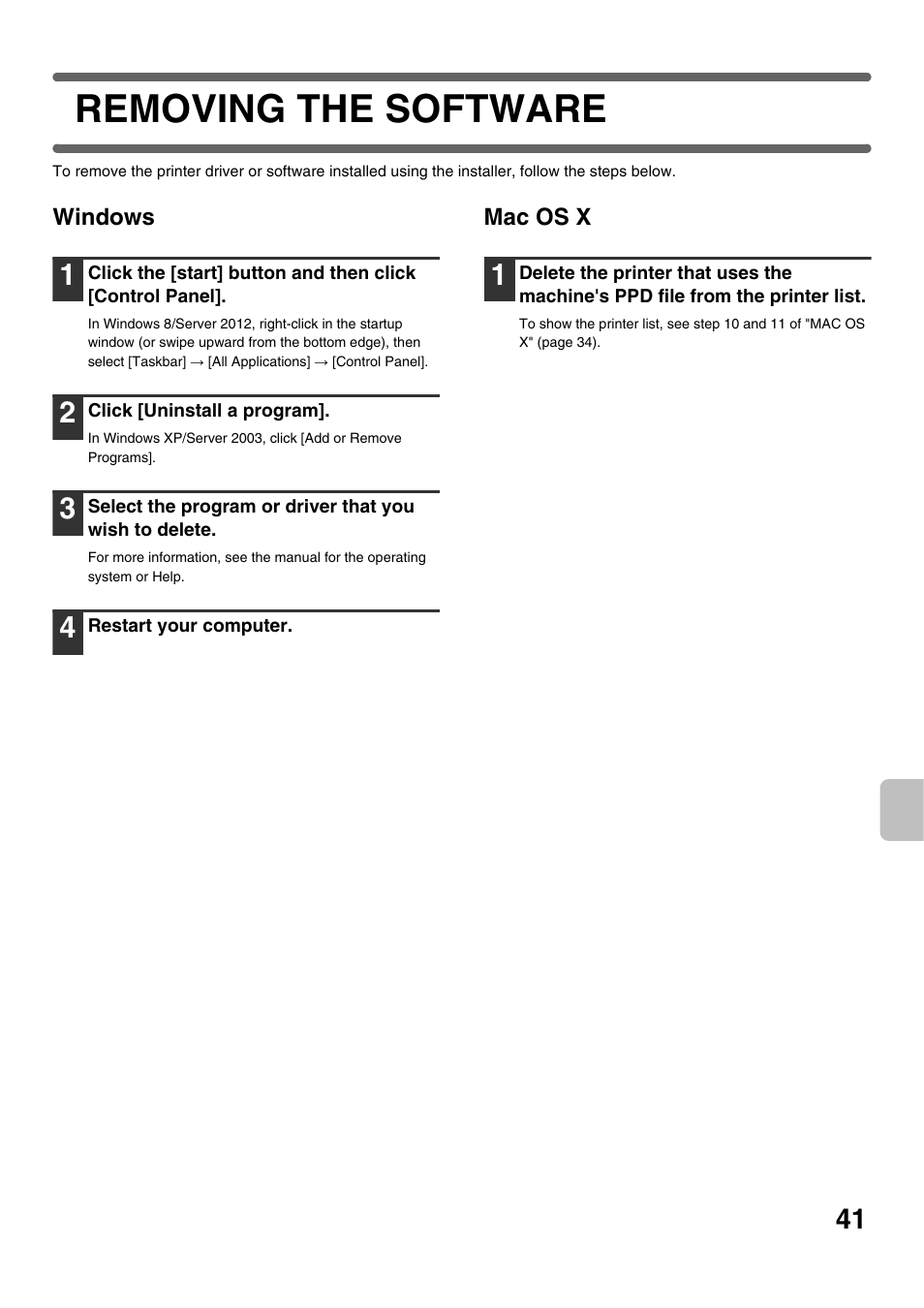 Removing the software | Sharp MX-C301W User Manual | Page 43 / 44