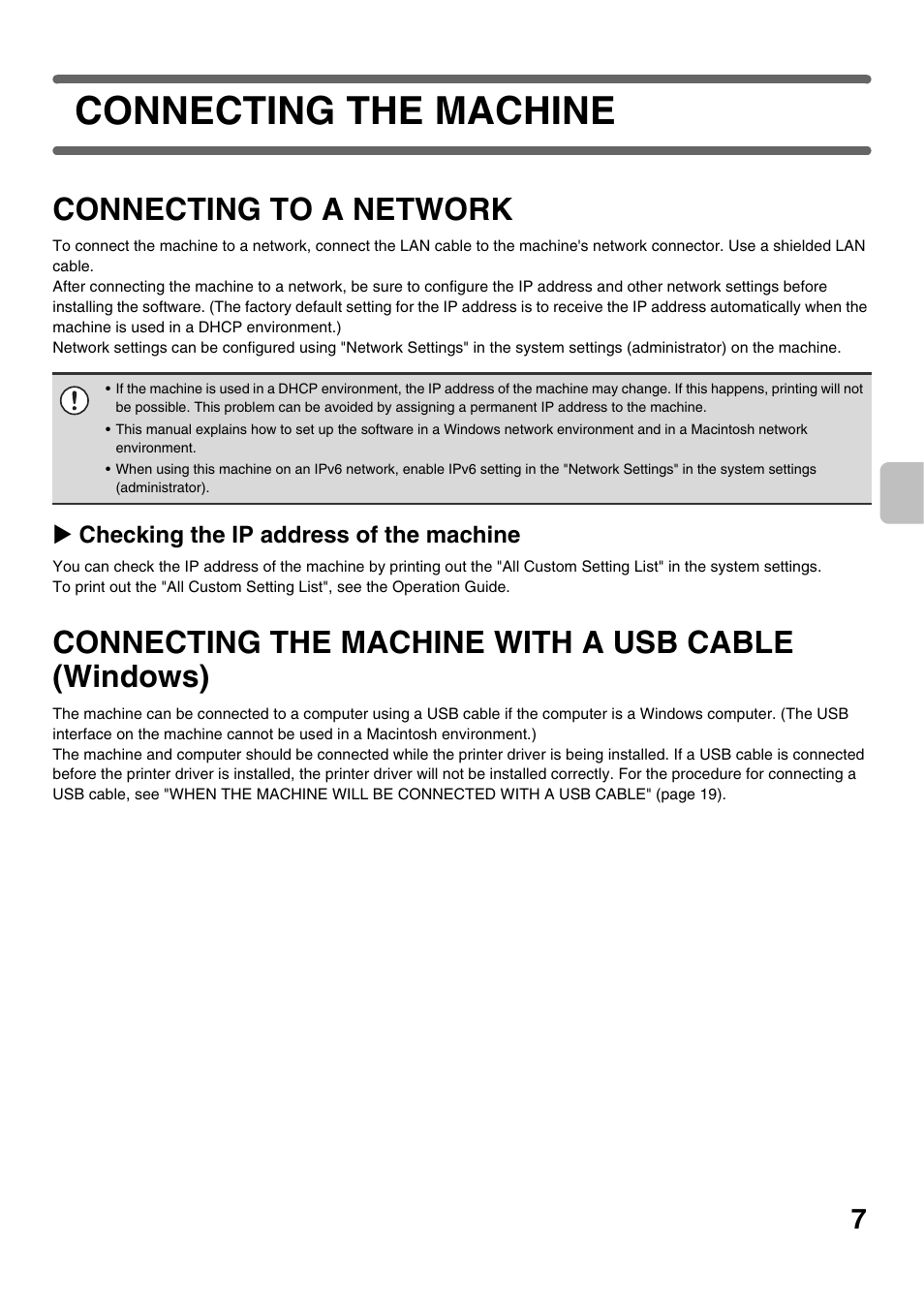 Connecting the machine, Connecting to a network, Connecting the machine with a usb | Cable (windows), Connecting the machine with a usb cable (windows), X checking the ip address of the machine | Sharp MX-C301W User Manual | Page 9 / 44