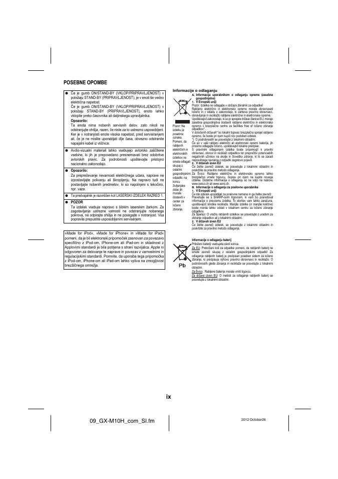 09_gx-m10h_com_si.fm, Posebne opombe | Sharp GX-M10HOR User Manual | Page 10 / 58