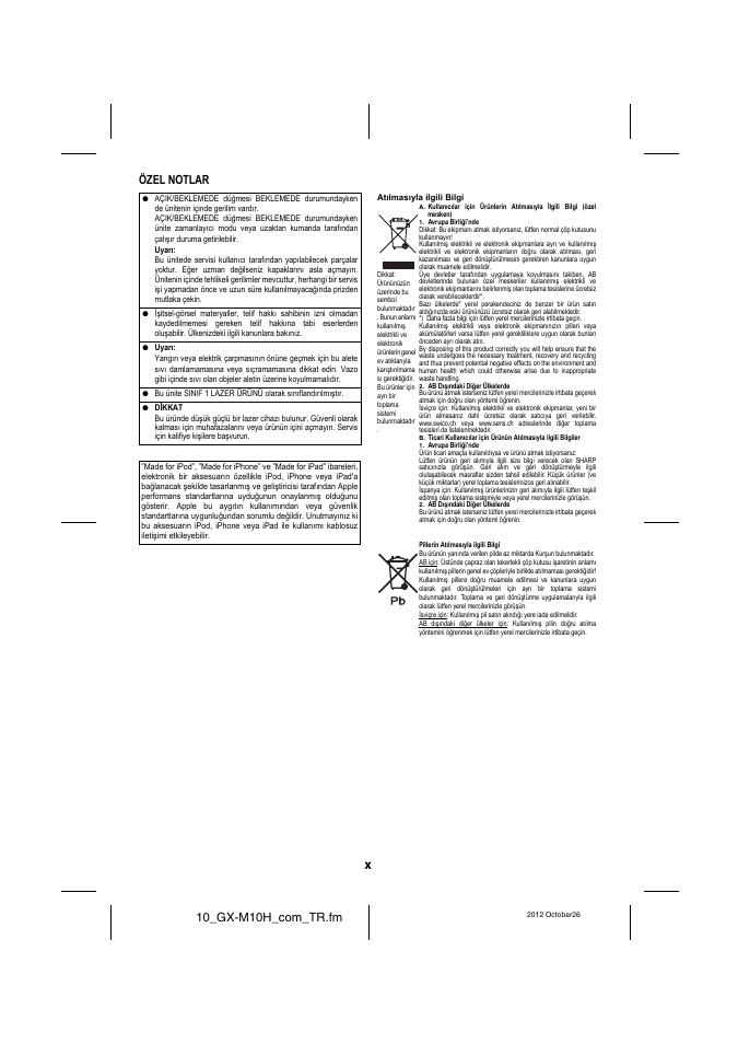 10_gx-m10h_com_tr.fm, Özel notlar | Sharp GX-M10HOR User Manual | Page 11 / 58