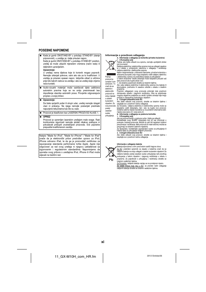 11_gx-m10h_com_hr.fm, Posebne napomene | Sharp GX-M10HOR User Manual | Page 12 / 58