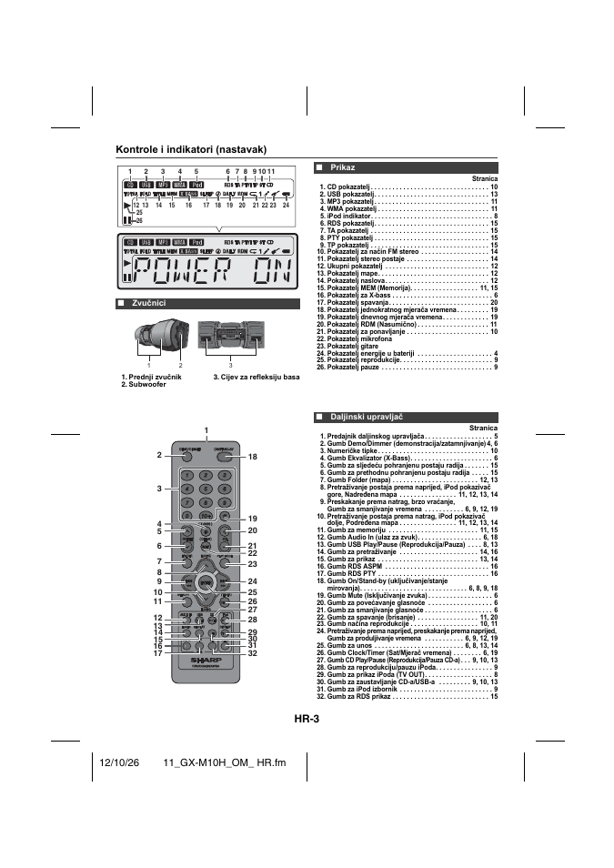 Zvučnici, Prikaz, Daljinski upravljač | Hr-3, Kontrole i indikatori (nastavak) | Sharp GX-M10HOR User Manual | Page 16 / 58