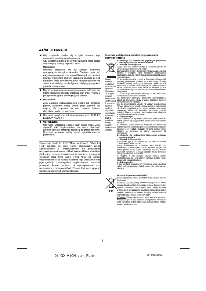 Gx-m10h_com_scee.pdf, 01_gx-m10h_com_pl.fm, Ważne informacje | Sharp GX-M10HOR User Manual | Page 2 / 58