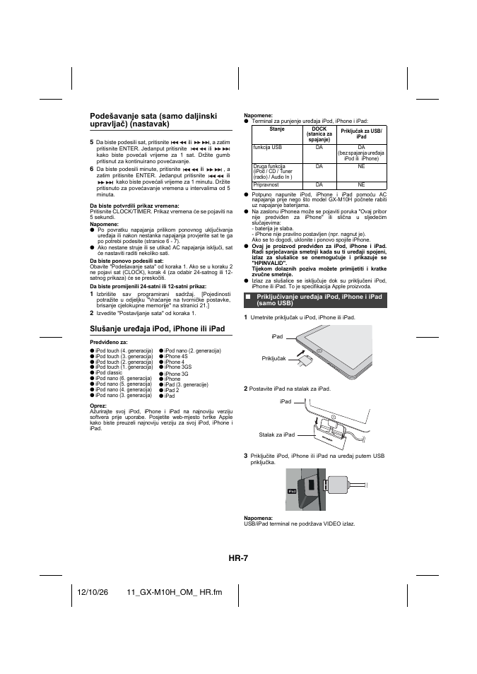 Slušanje uređaja ipod, iphone ili ipad, Hr-7 | Sharp GX-M10HOR User Manual | Page 20 / 58