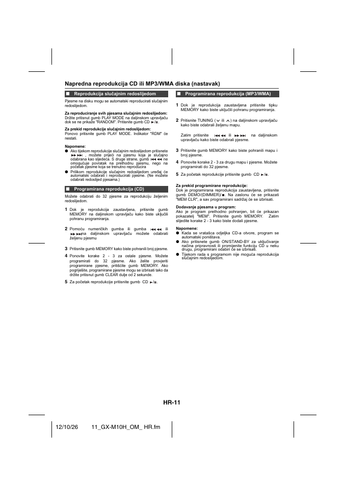 Reprodukcija slučajnim redoslijedom, Programirana reprodukcija (cd), Programirana reprodukcija (mp3/wma) | Hr-11 | Sharp GX-M10HOR User Manual | Page 24 / 58
