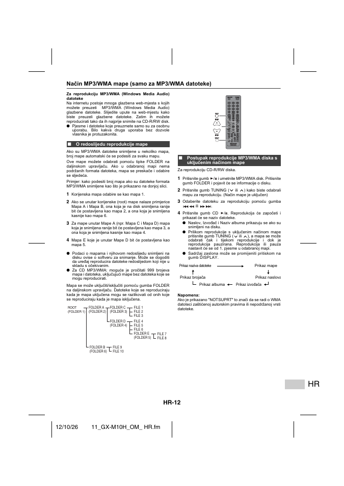 Način mp3/wma mape (samo za mp3/wma datoteke), O redoslijedu reprodukcije mape, Hr-12 | Sharp GX-M10HOR User Manual | Page 25 / 58