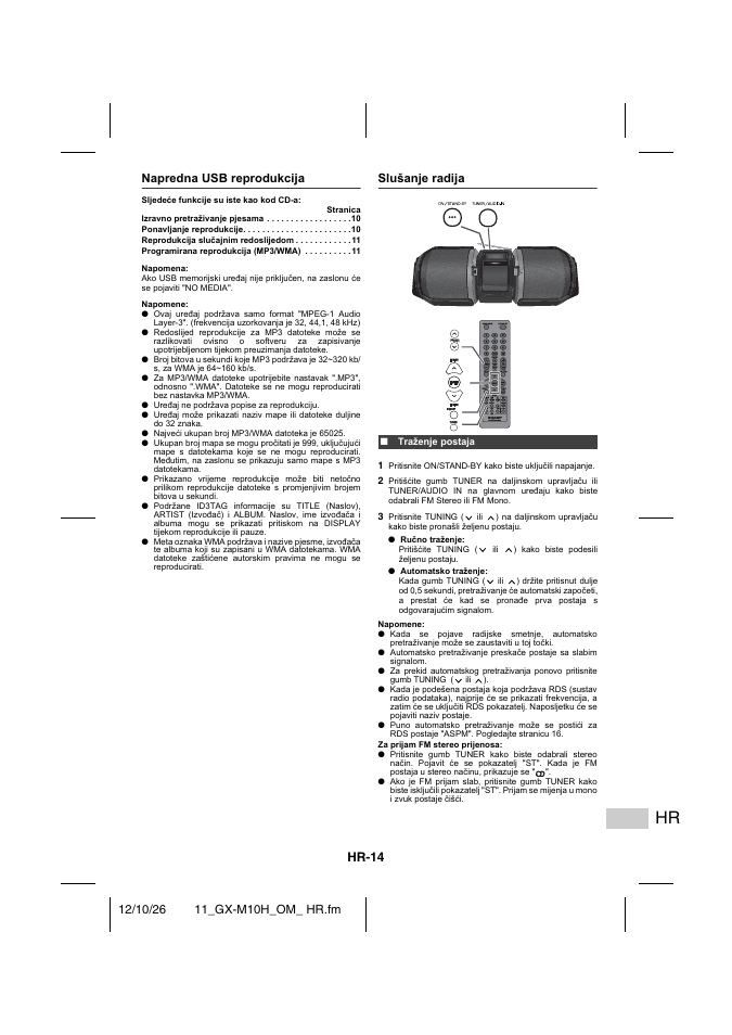 Napredna usb reprodukcija, Slušanje radija, Traženje postaja | Hr-14 | Sharp GX-M10HOR User Manual | Page 27 / 58