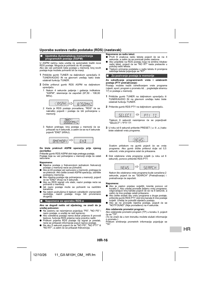 Napomene za uporabu rds-a, Za pozivanje postaja iz memorije, Hr-16 | Uporaba sustava radio podataka (rds) (nastavak) | Sharp GX-M10HOR User Manual | Page 29 / 58