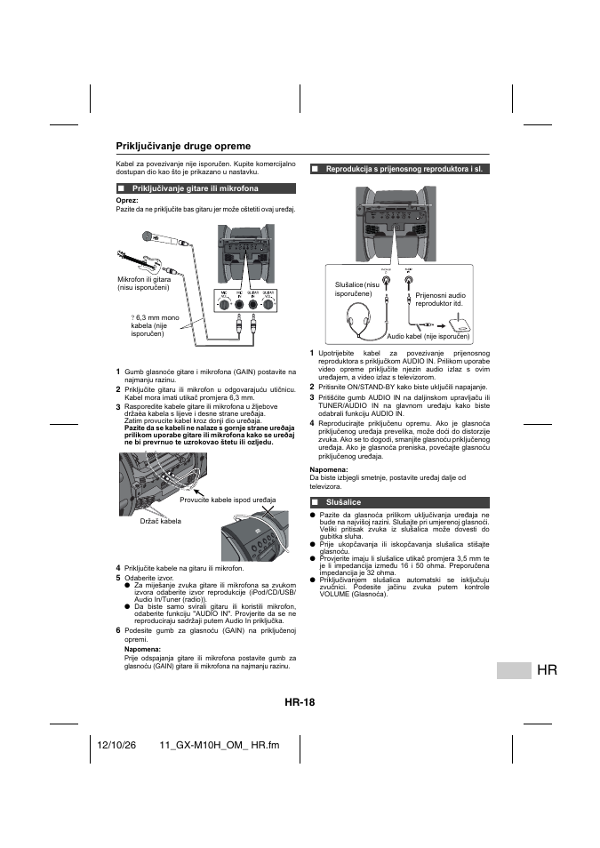 Priključivanje druge opreme, Priključivanje gitare ili mikrofona, Reprodukcija s prijenosnog reproduktora i sl | Slušalice, Hr-18 | Sharp GX-M10HOR User Manual | Page 31 / 58