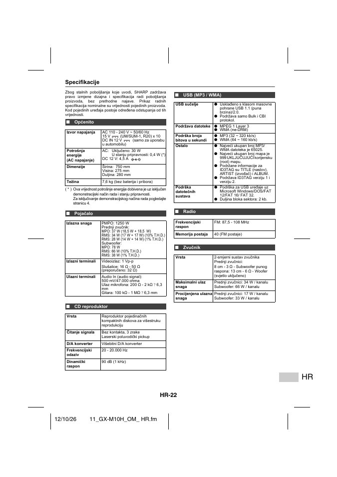 Specifikacije, Općenito, Pojačalo | Cd reproduktor, Usb (mp3 / wma), Radio, Zvučnik, Hr-22, Stolni sro sustav crno crveno | Sharp GX-M10HOR User Manual | Page 35 / 58