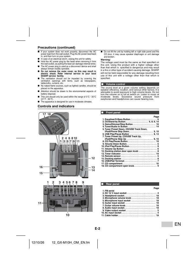 Volume control, Controls and indicators, Front panel | Rear panel | Sharp GX-M10HOR User Manual | Page 37 / 58
