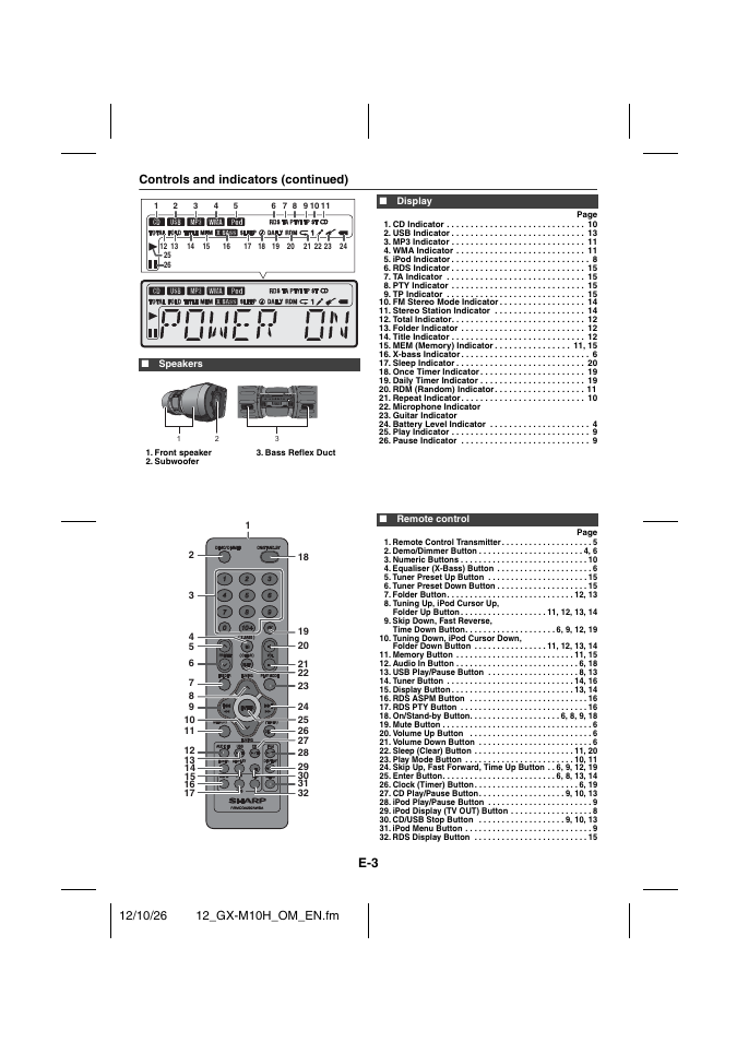 Speakers, Display, Remote control | Controls and indicators (continued) | Sharp GX-M10HOR User Manual | Page 38 / 58
